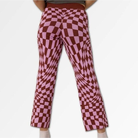 Daydreamer Free People Women’s XS Pink Wave Retro Checkered Boho Ankle Pants NWT - Picture 3 of 6